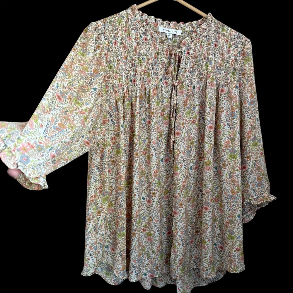 Rose + Olive Ditsy Floral Top 1X Smocked Ruffle Boho Cottagecore Coquette Office